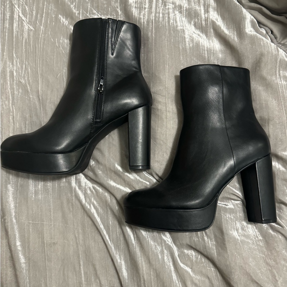 Never worn man-made black leather half calf boots block heel mix number six